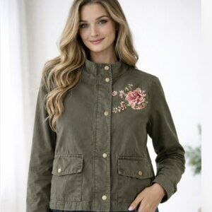 Women’s Olive Green Utility Jacket Floral Embroidered Military Style Coat Large
